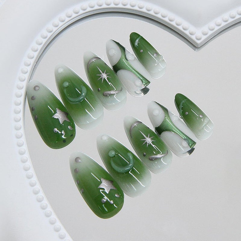 CJDLTS Press on Nails Medium Almond Shaped Artificial Acrylic Nails French 3D Gradient Silver Star with Steel Balls Stick on Nail Full Cover Glue on Nail Artificial Fingernails for Women Manicure - Image 2